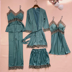 5PCS Lace Satin Robe Gown Sets Nighty Sleepwear Nightgown