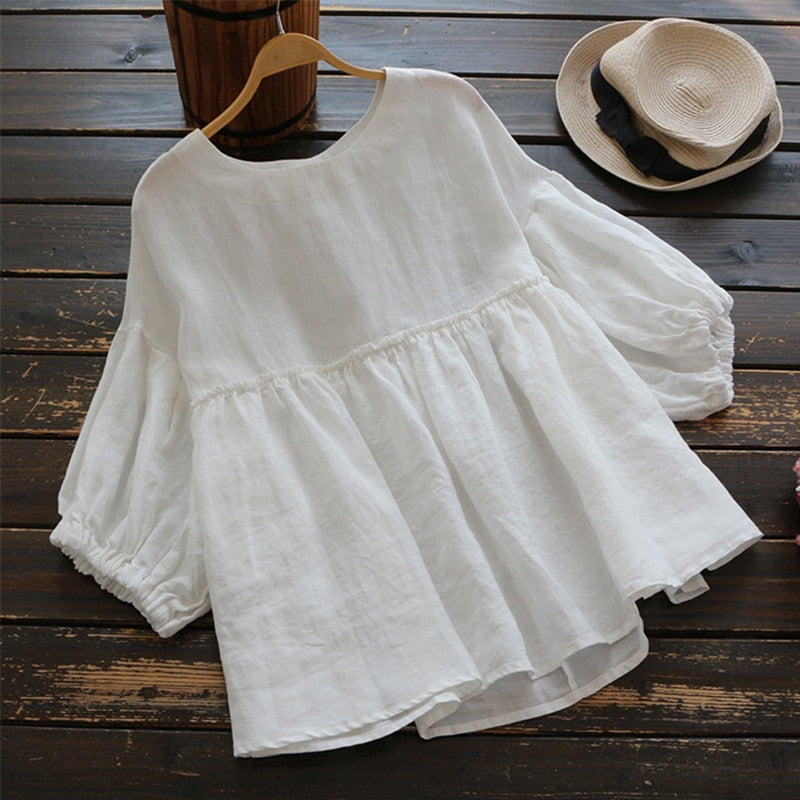 Fashion Ruffle Blouse Women's Tunic Vintage Casual Linen Tops