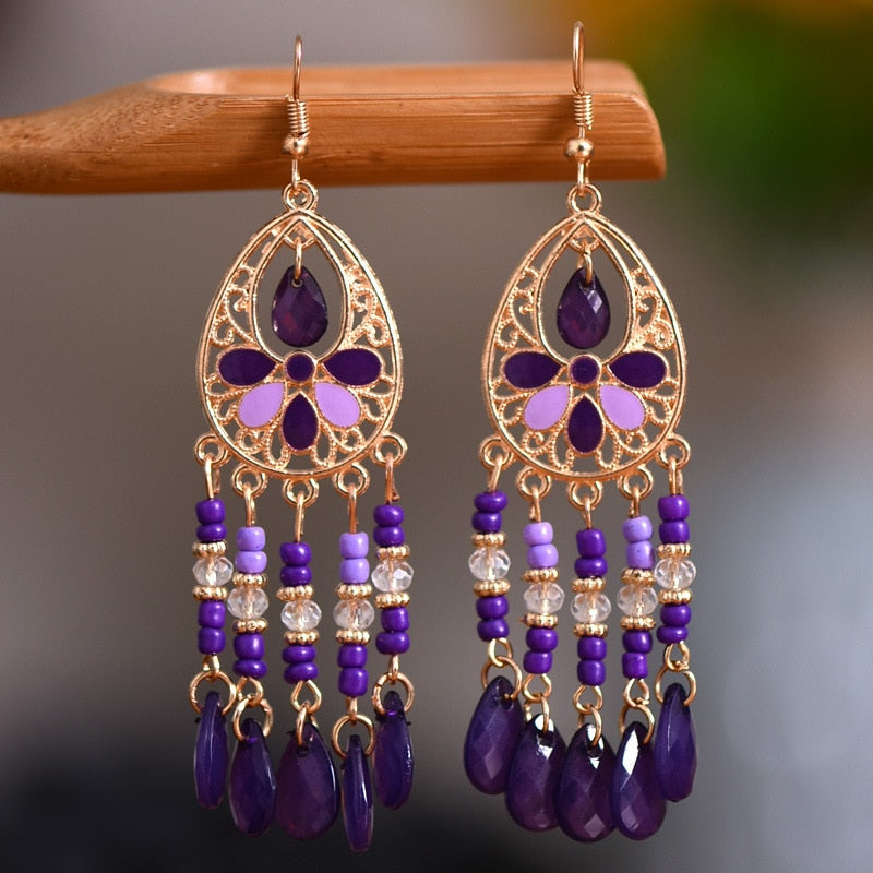 Bohemian Antique Gold Color Long Water Drop Tassel Earrings