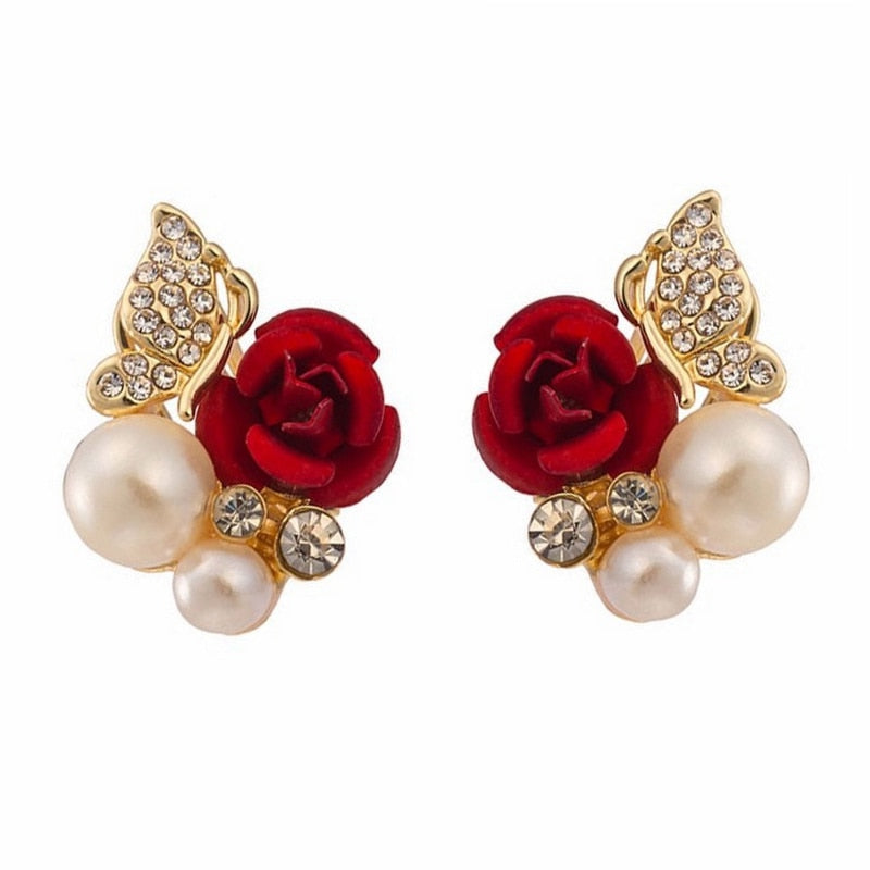 Fashion Red Rose Rhinestone Stud Earrings Flowers Jewelry