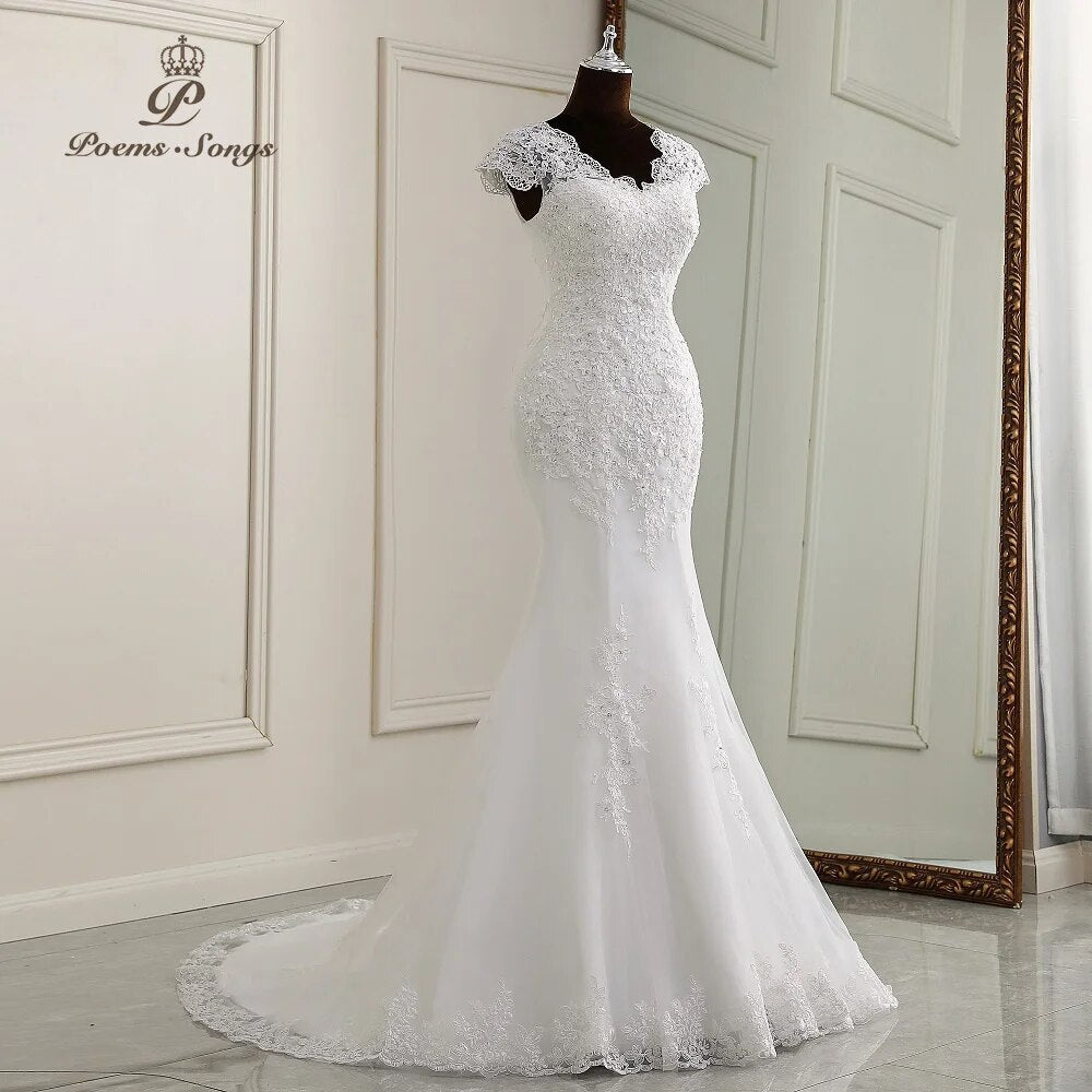 Elegant dresses Mermaid Wedding Dress cap sleeves style Lace