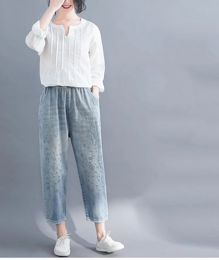 Jeans Floral Embroidery Vintage Casual Loose Denim Harem Pants