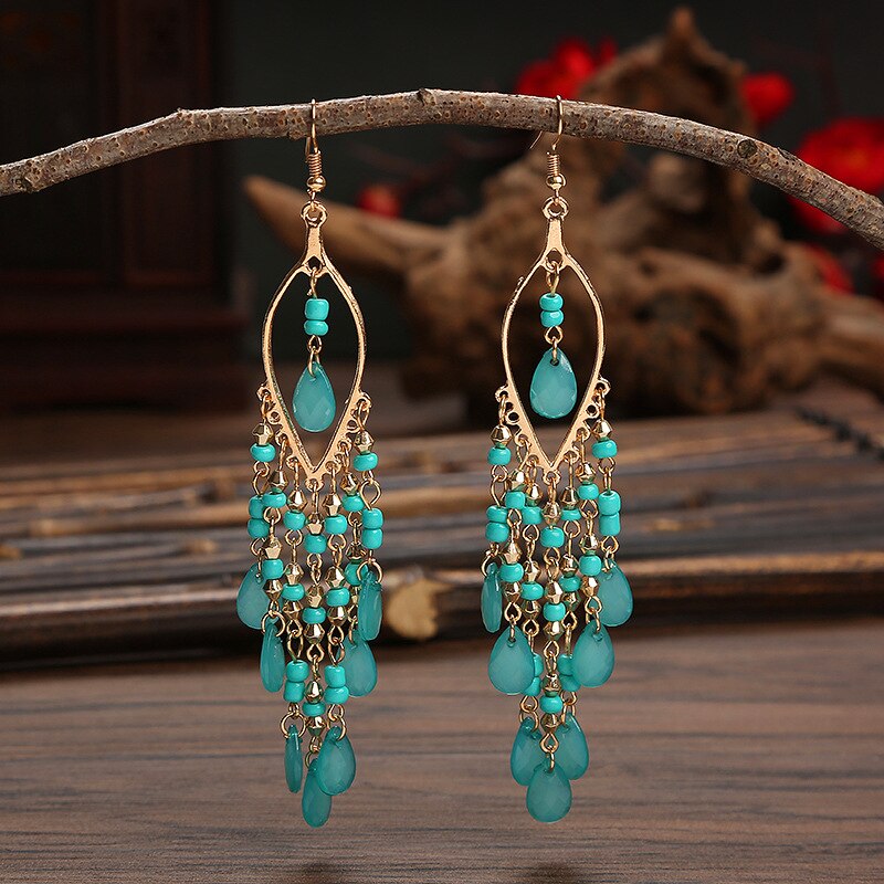 Bohemian Antique Gold Color Long Water Drop Tassel Earrings