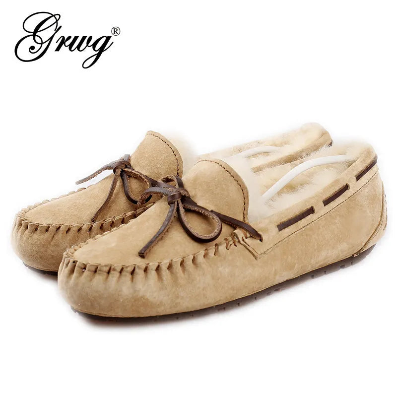 Fur Genuine Leather Women Flat Shoes Fashion Moccasins