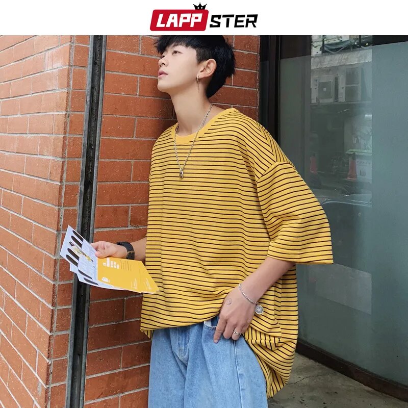 Oversized Striped Cotton Tops Colorful Streetwear Tees