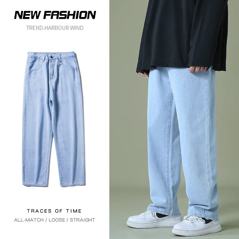 Men Denim Wide-leg Pants Korean Style Straight Baggy Jeans