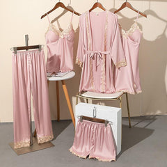 5PCS Pajamas Set Satin Lace Women Nightwear Sleep Suit