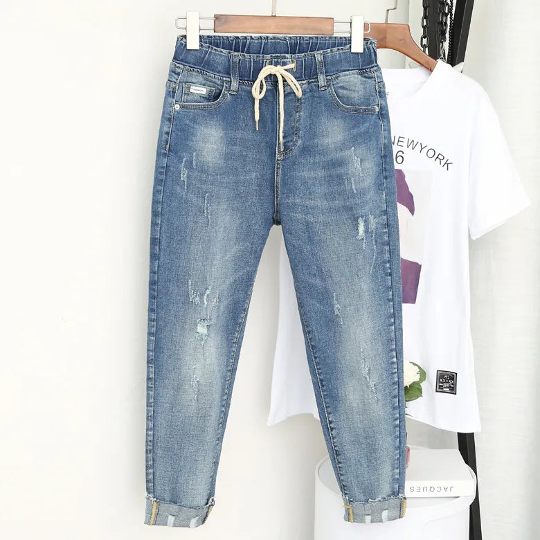 Baggy Elastic Waist Jeans Style Ripped Pants