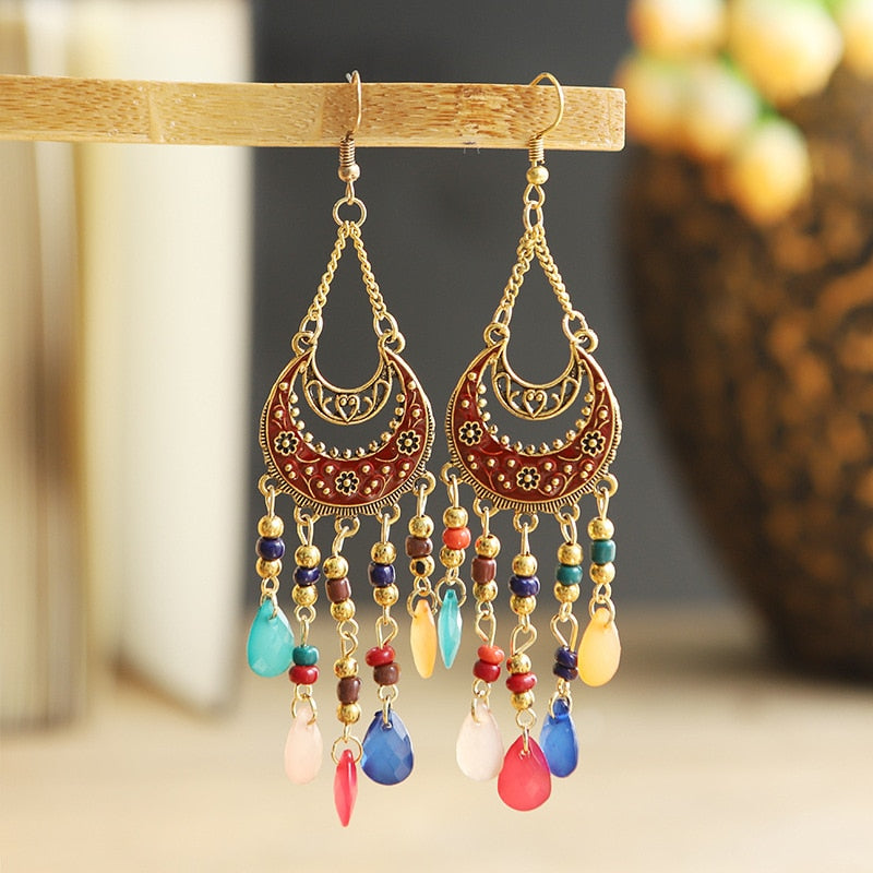 Bohemian Antique Gold Color Long Water Drop Tassel Earrings