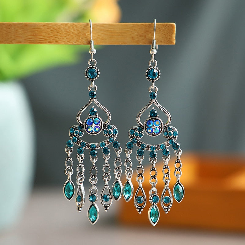 Bohemian Ethnic Long Blue Acrylic Crystal Water Drop Earrings Retro