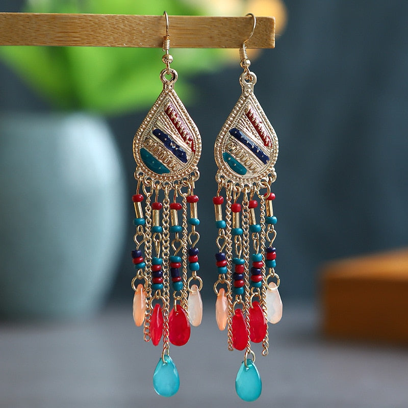 Bohemian Long Crystal Tassel Earrings Colorful