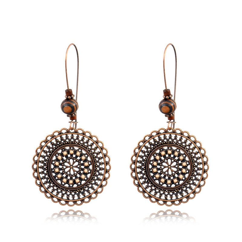 Vintage Ethnic Round Hollow Flower Pattern Dangle Earrings