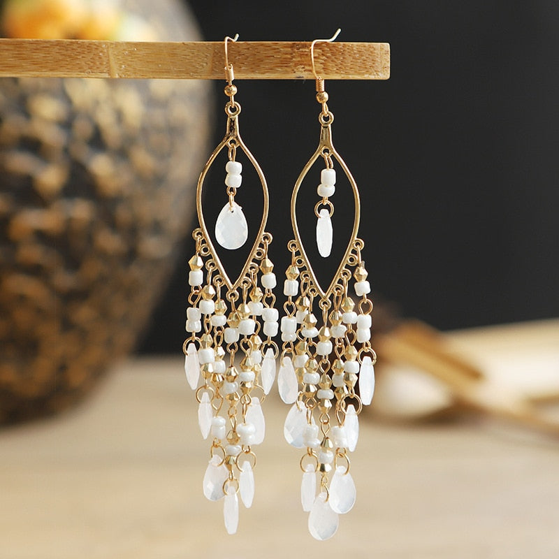 Bohemian Antique Gold Color Long Water Drop Tassel Earrings