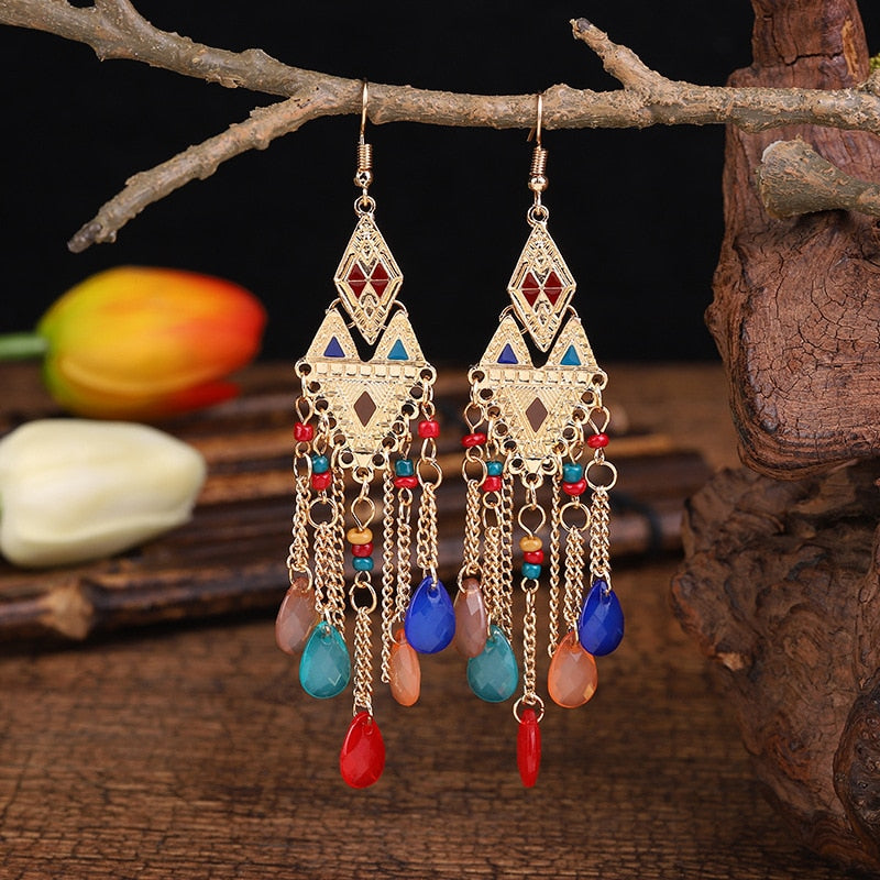 Bohemian Antique Gold Color Long Water Drop Tassel Earrings