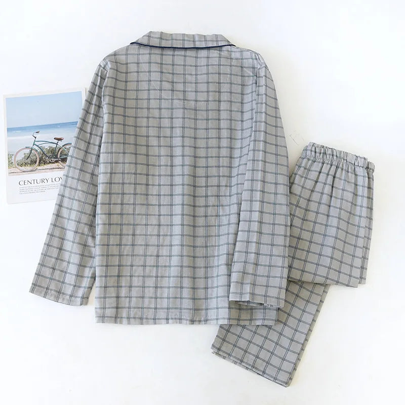 cotton lapel long-sleeved trousers simple plaid home pajama set