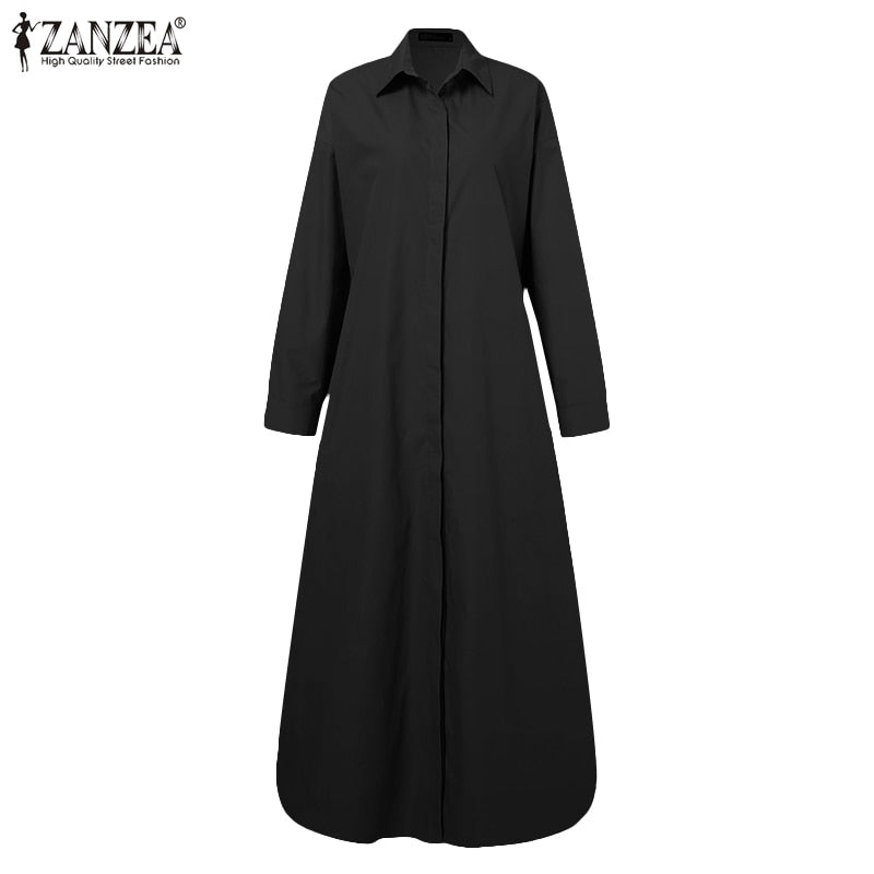 Stylish Solid Shirt Dress Casual Long Sleeve Maxi Lapel Robe Oversized