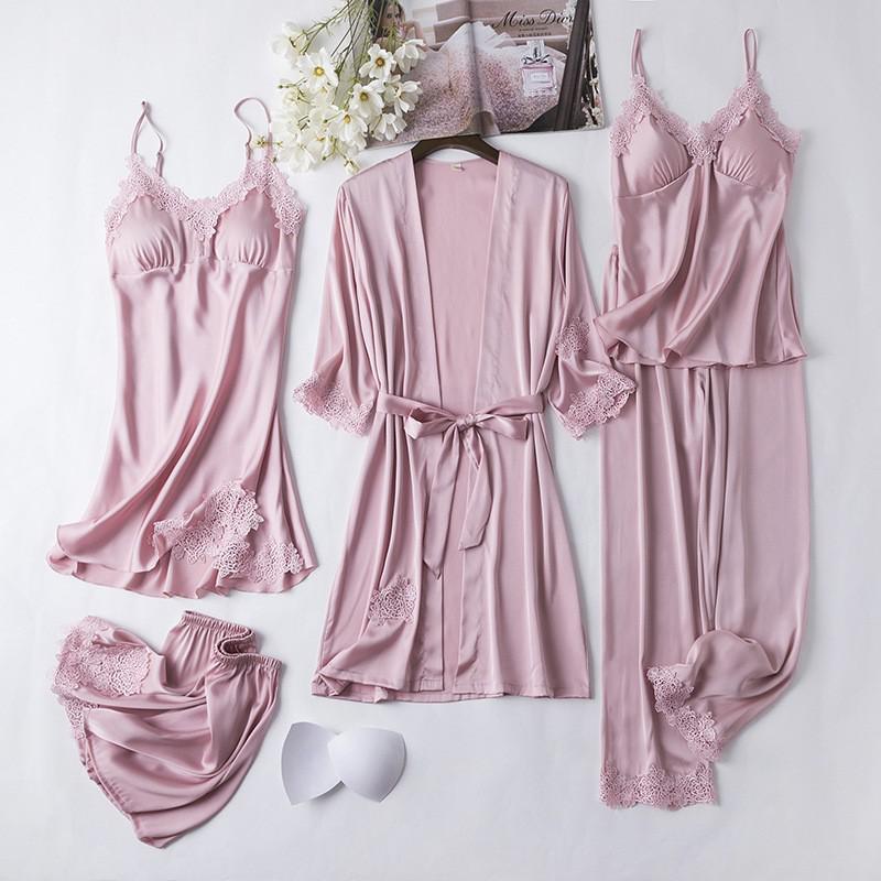 5PCS Lace Robe Gown Satin Nighty Bathrobe Nightgown Sleep Suit