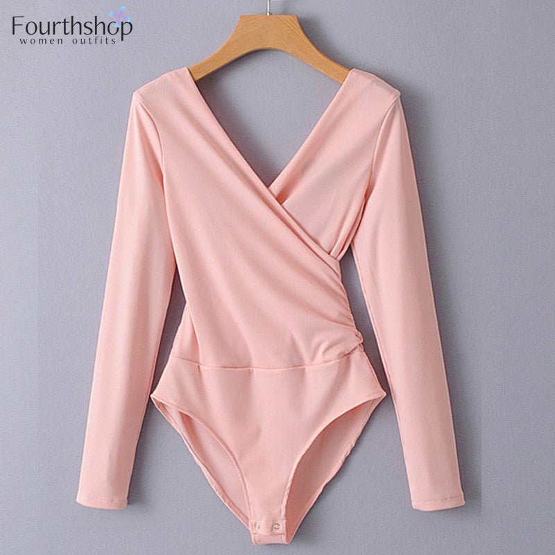 Fashion Bodysuits Long Sleeved V-neck Backless Rompers