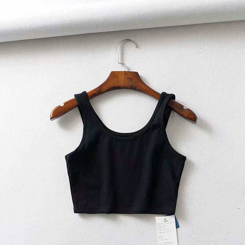 Crop Tops Sleeveless Short Cotton U Collar Knitted Bar