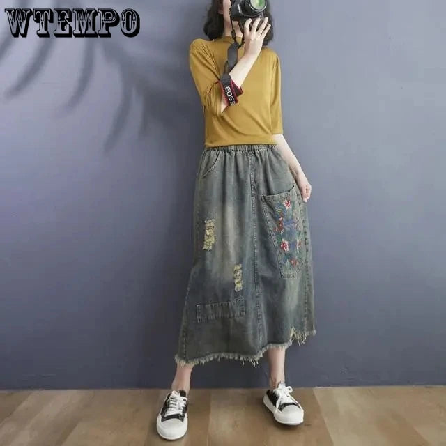 Vintage Floral Embroidery Ripped Patchwork Jeans Skirt