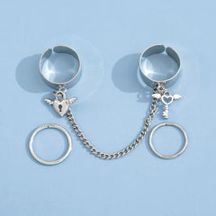 4Pcs Punk Key Lock Silver Color Chain Rings