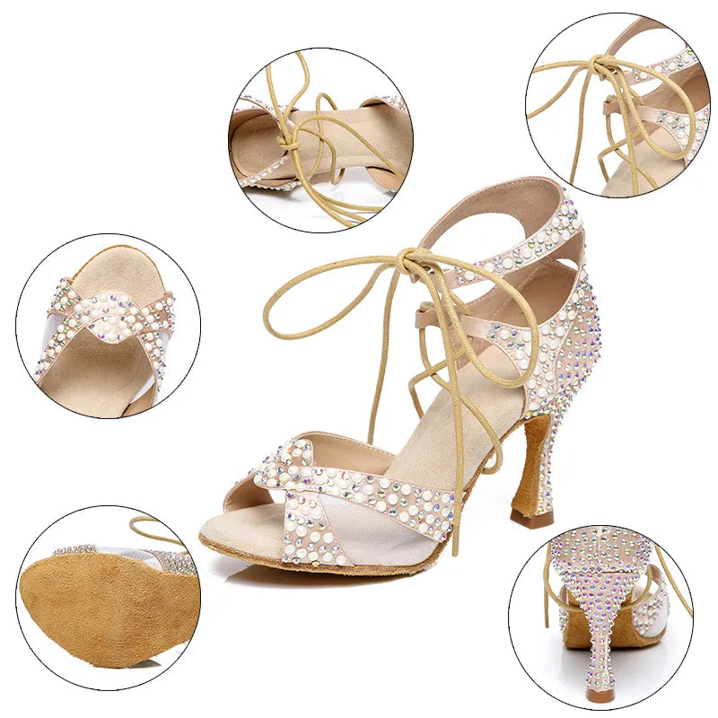 Pearl Rhinestone Latin Dance Shoes Soft Soles High Heels