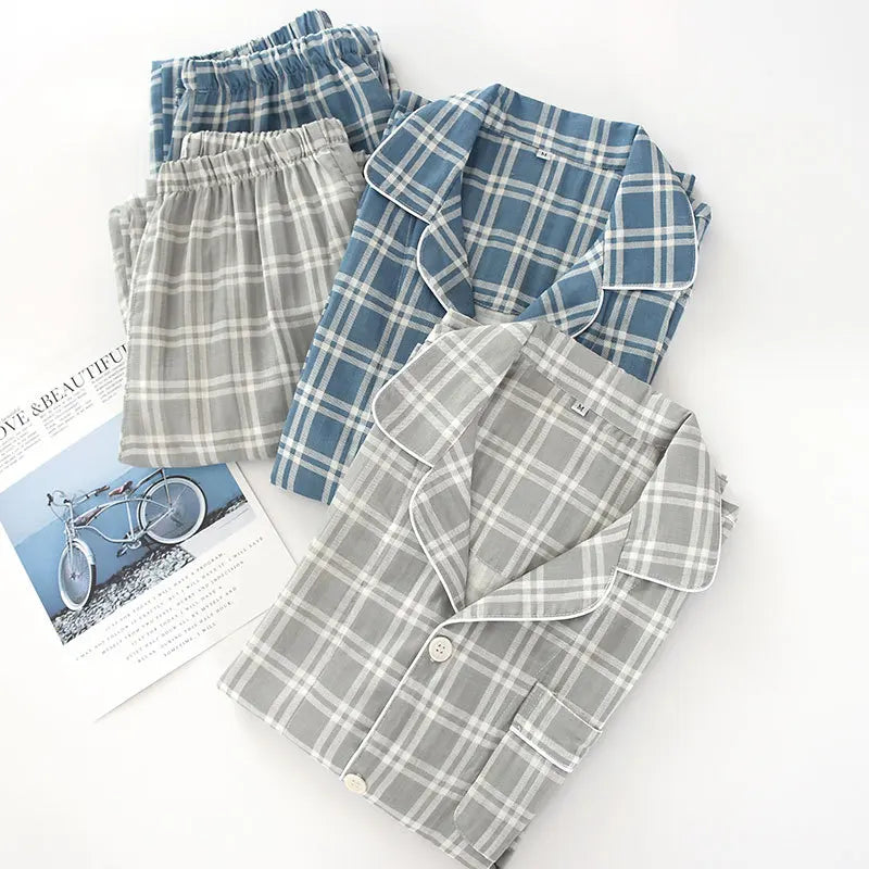 pajamas long-sleeved trousers cotton double gauze lattice large size