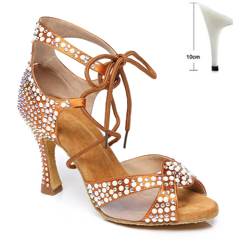 Pearl Rhinestone Latin Dance Shoes Soft Soles High Heels