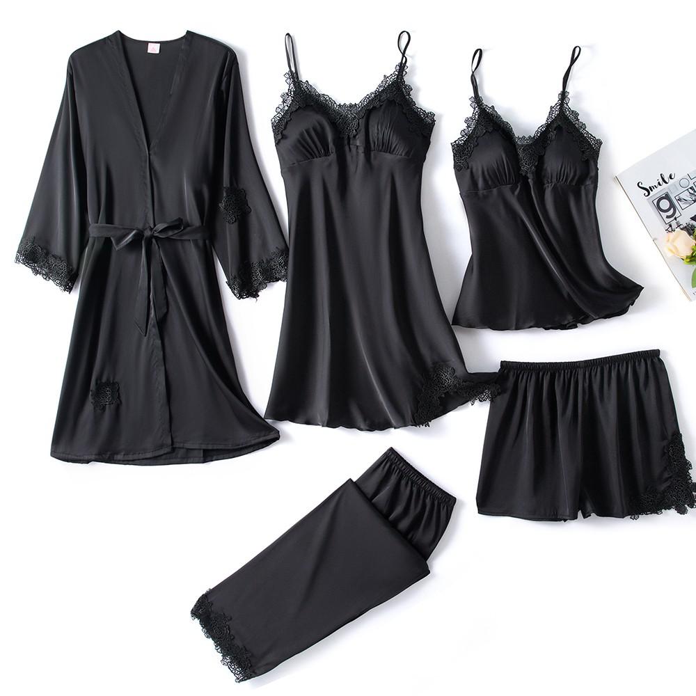 5PCS Lady Pajamas Sets Lace Sleepwear Sleep Suit Satin