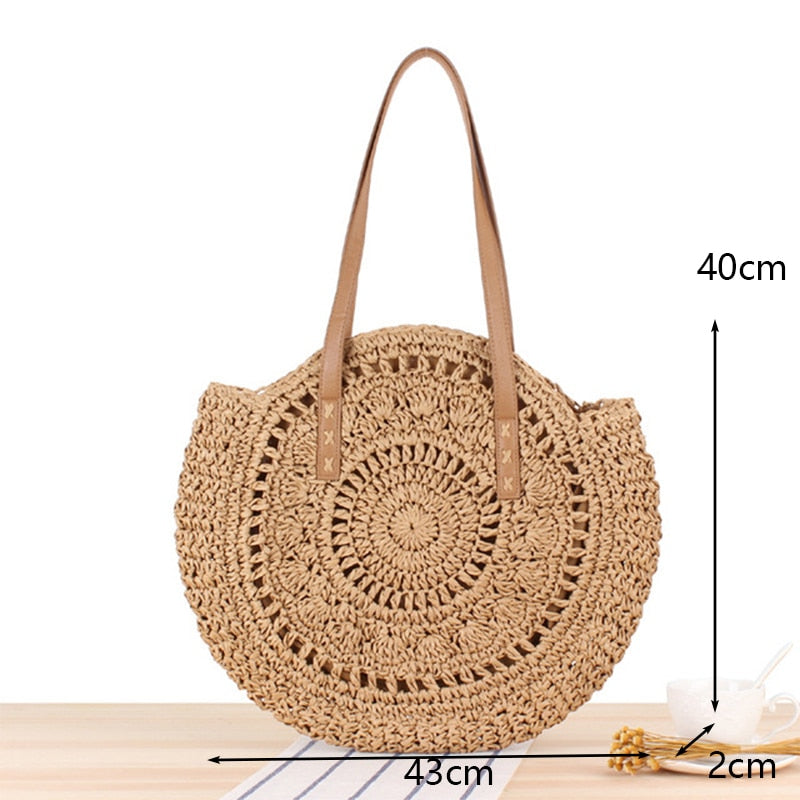 Round Straw Beach Vintage Handmade Woven Shoulder Bag