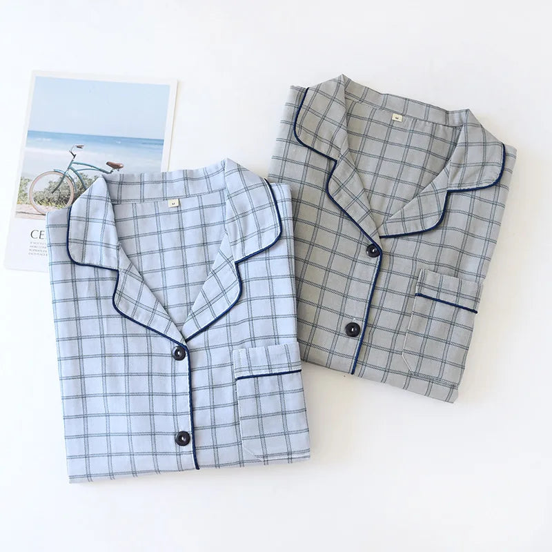 cotton lapel long-sleeved trousers simple plaid home pajama set