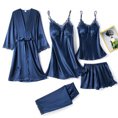 5PCS Lady Pajamas Sets Lace Sleepwear Sleep Suit Satin