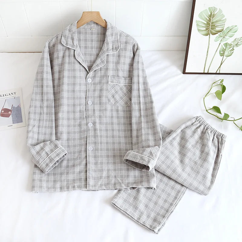 couple pajamas long-sleeved trousers  cotton brushed plaid two-piece