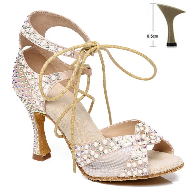 Pearl Rhinestone Latin Dance Shoes Soft Soles High Heels