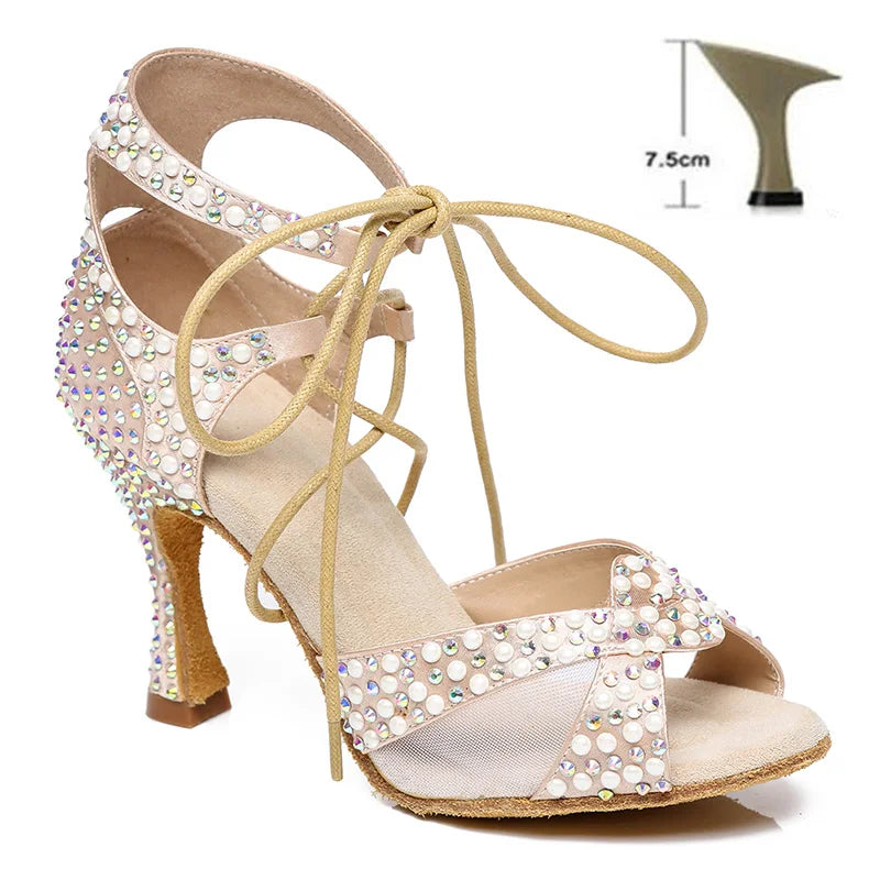 Pearl Rhinestone Latin Dance Shoes Soft Soles High Heels