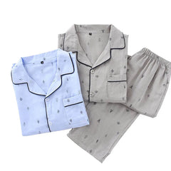 Men's Pajamas Set Solid Color Simple Style Sapling Printed Turn-down Collar