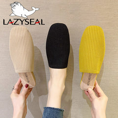 Women Mules Knit Fabric Slippers Med Chunky Heel Casual