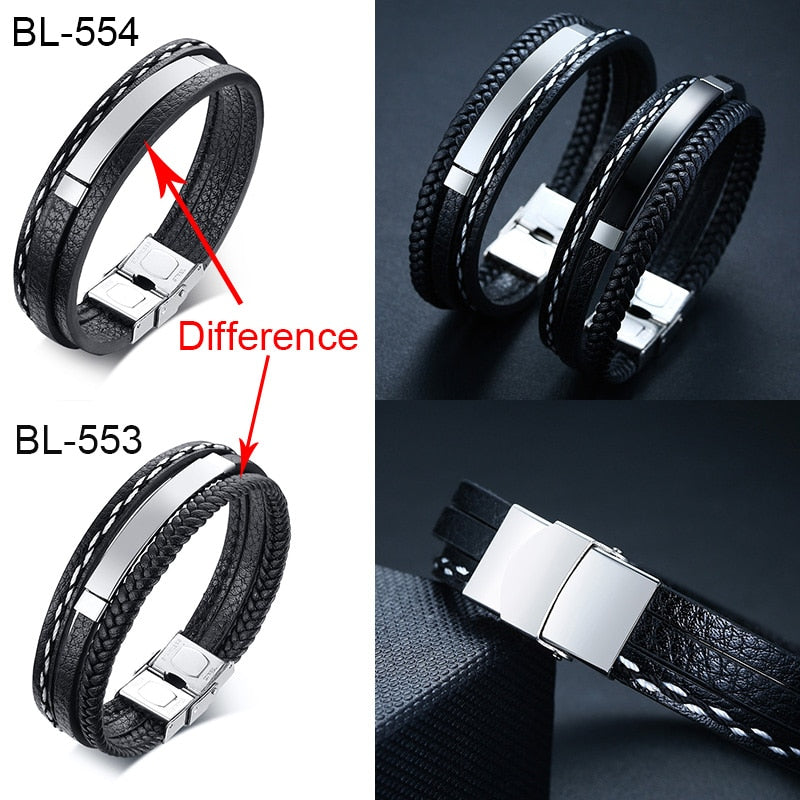 Name Leather Bracelets for Men Glossy Stainless Steel