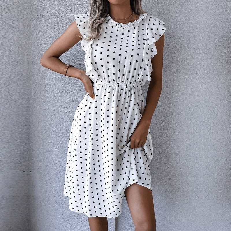 Vintage Butterfly Sleeve Ruffles Heart Dot Print Dress