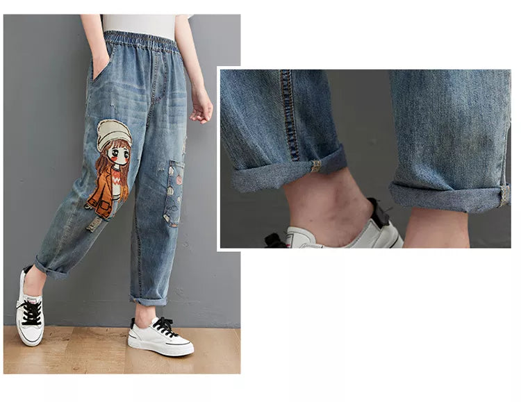 Embroidery Denim Pants For Women Trendy Hole Casual High Waist