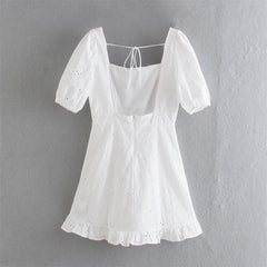 White Lace Beach Bohemian Mini Dresses Ladies Square Collar Backless