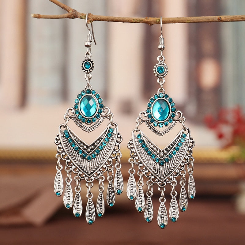 Bohemian Ethnic Long Blue Acrylic Crystal Water Drop Earrings Retro