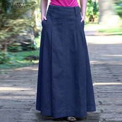 Oversize Summer Denim Blue Long Skirts  Vintage High Waist