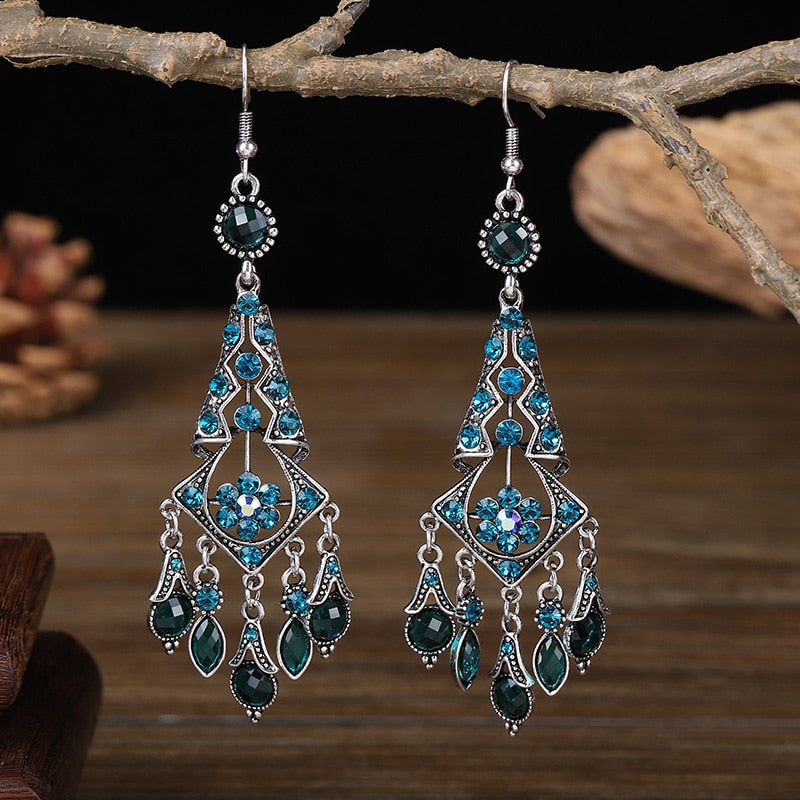 Bohemian Ethnic Long Blue Acrylic Crystal Water Drop Earrings Retro