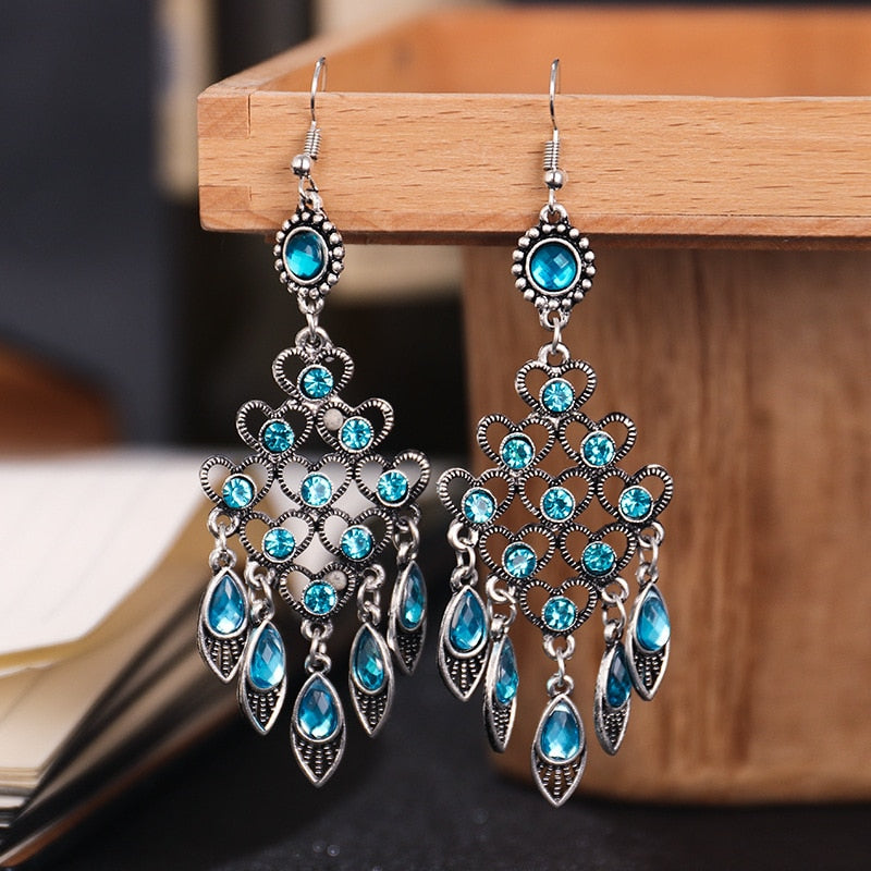 Bohemian Ethnic Long Blue Acrylic Crystal Water Drop Earrings Retro