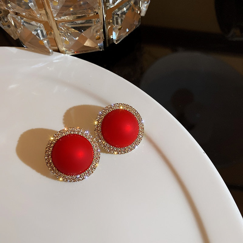 Fashion Red Rose Rhinestone Stud Earrings Flowers Jewelry