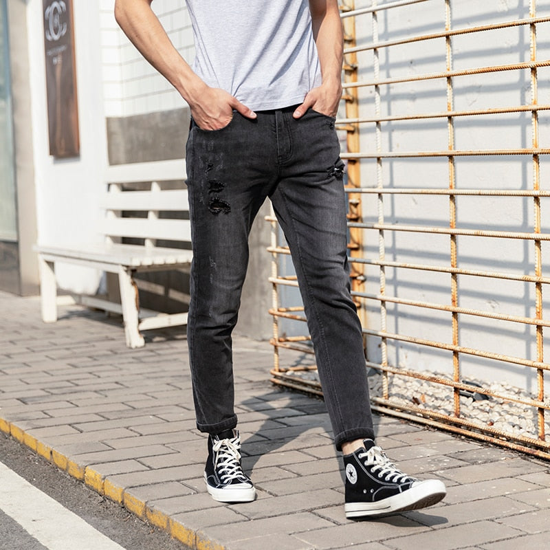 Casual Jeans Men Slim Feet Trend Elastic Hole Fashion