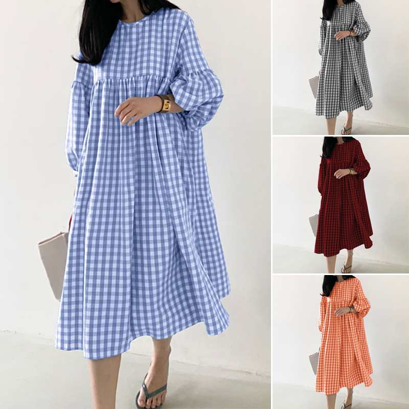 Vintage Autumn Dress Casual Puff Sleeve Midi  O Neck