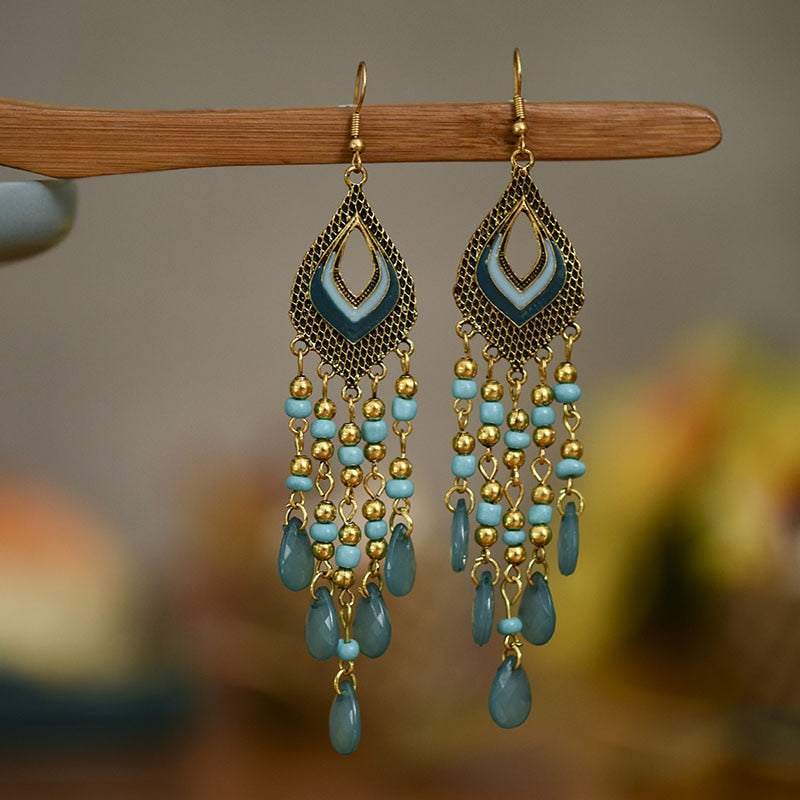 Bohemian Ethnic Long Blue Acrylic Crystal Water Drop Earrings Retro