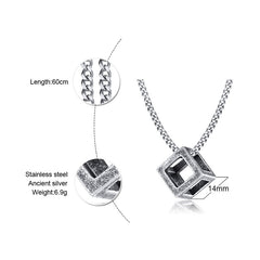 Retro Hollow Cube Pendant Stainless Steel Square Vintage Necklace